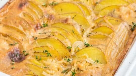 A pan full of scalloped potatoes.
