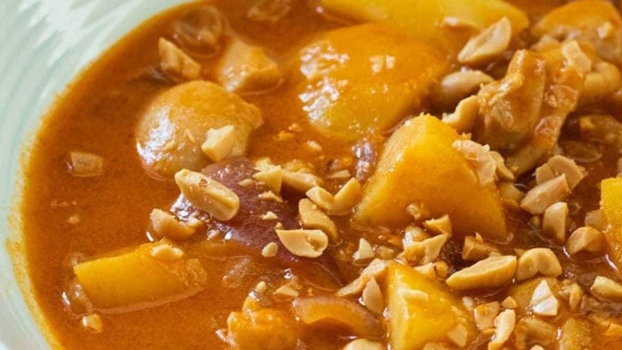 A bowl of massaman chicken curry.