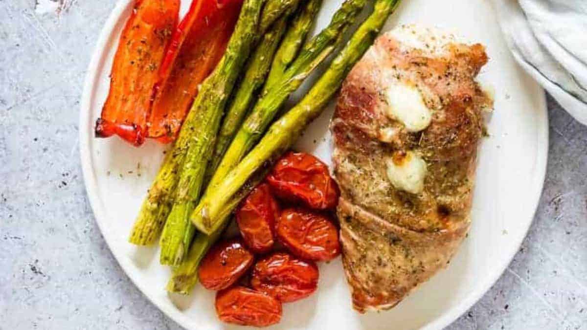 Sheet pan prosciutto wrapped chicken.