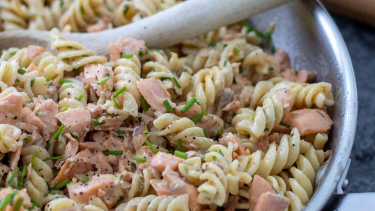 Salmon creme fraiche pasta.