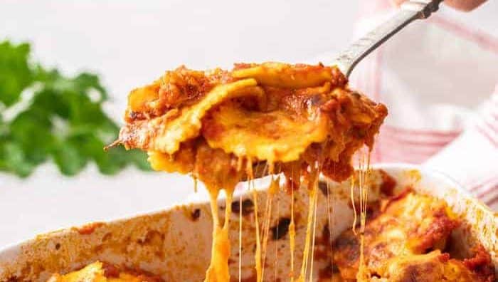 A spoonful of ravioli bake.