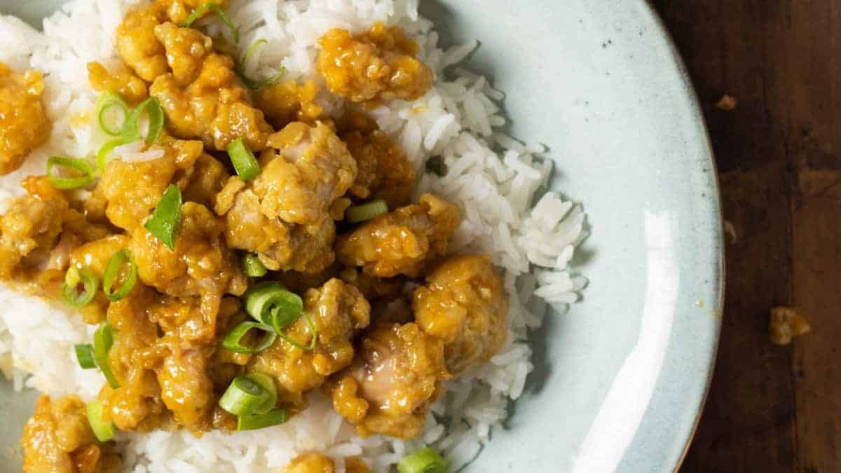 A plate of air fryer orange chicken.