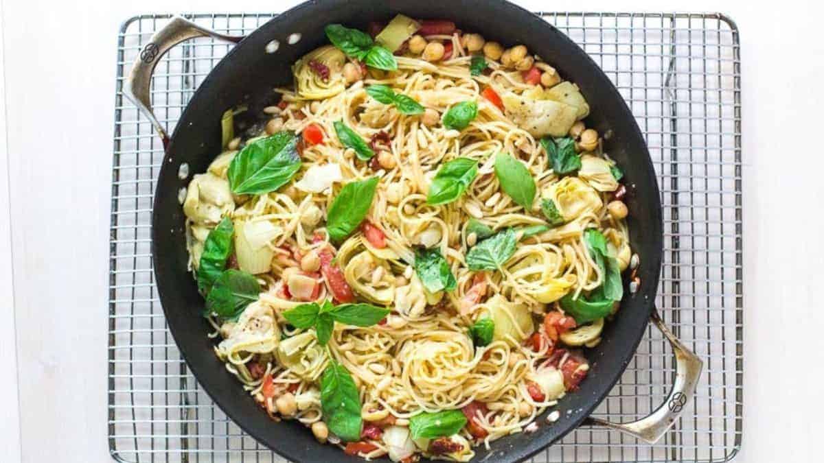 Sun-Dried Tomato, Chickpea & Artichoke Pasta.