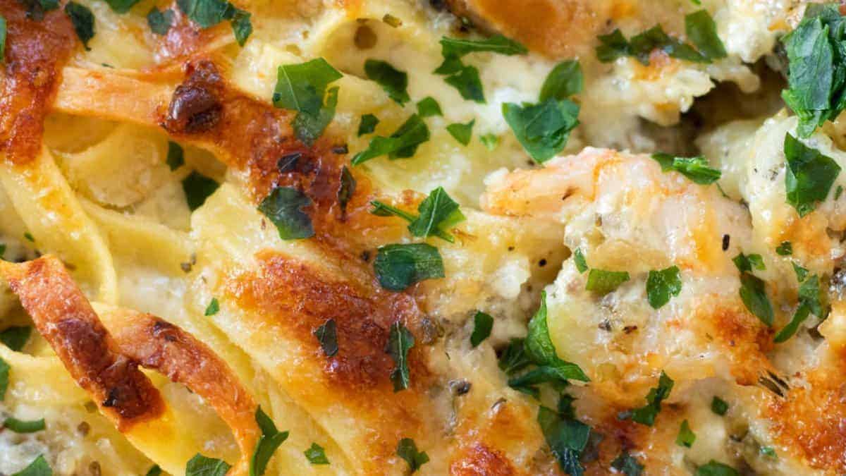 Baked seafood pasta.