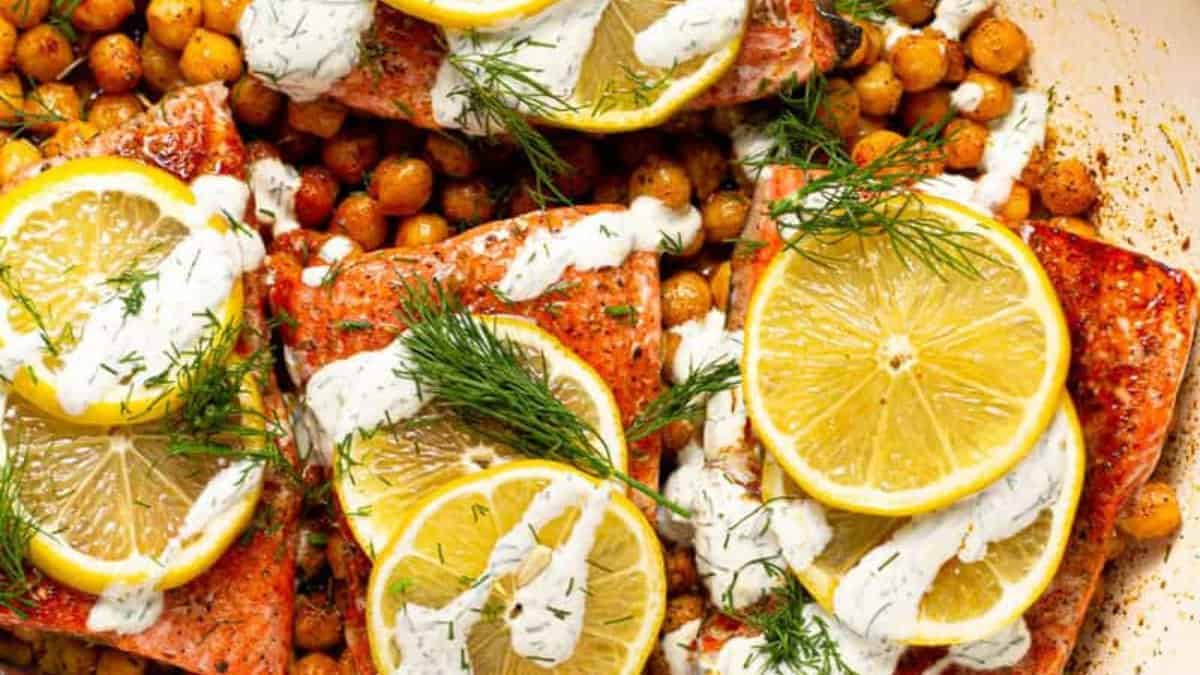 Baked Mediterranean salmon on a Dutch oven.