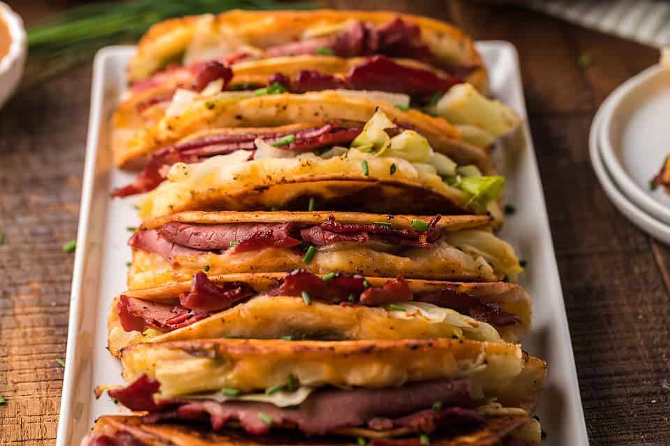 Irish inspired tacos on a platter.