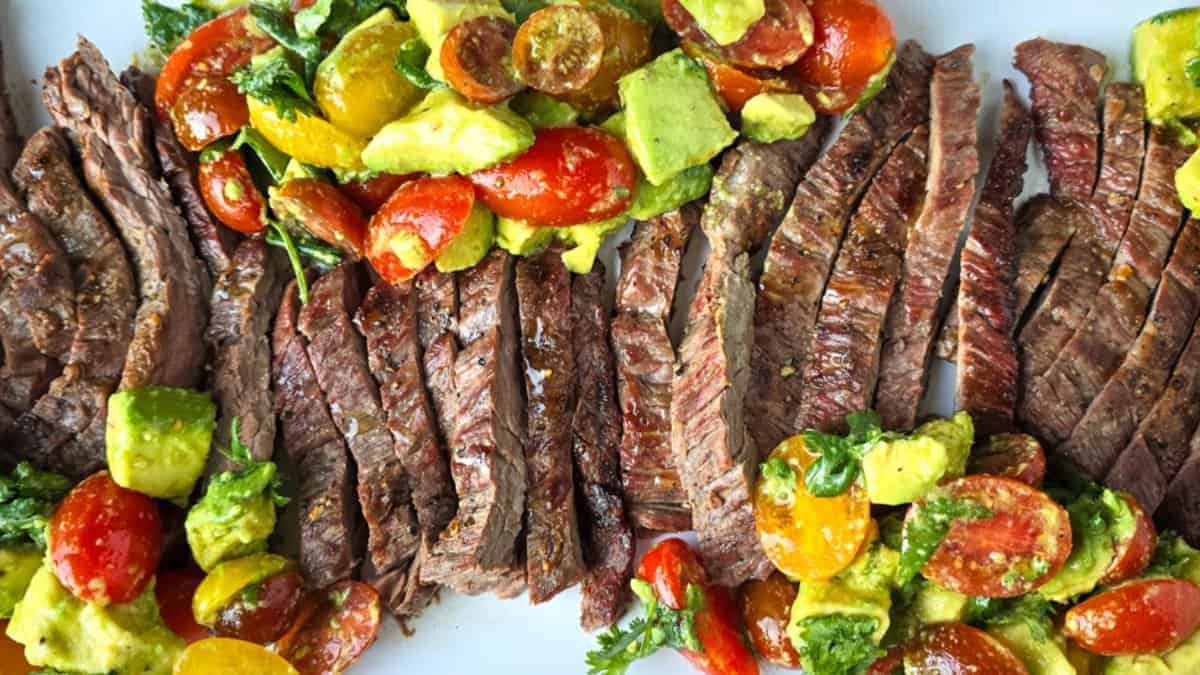 Grilled Skirt Steak with Avocado Tomato Salad.