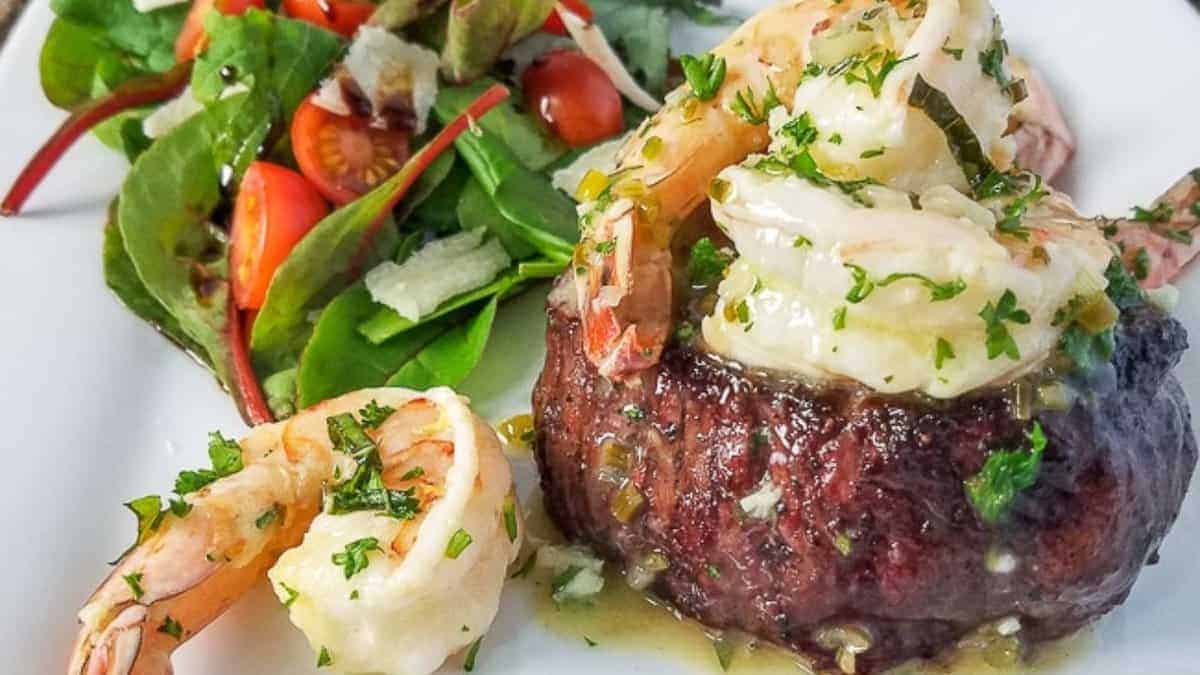 Grilled Steak and Shrimp Scampi.