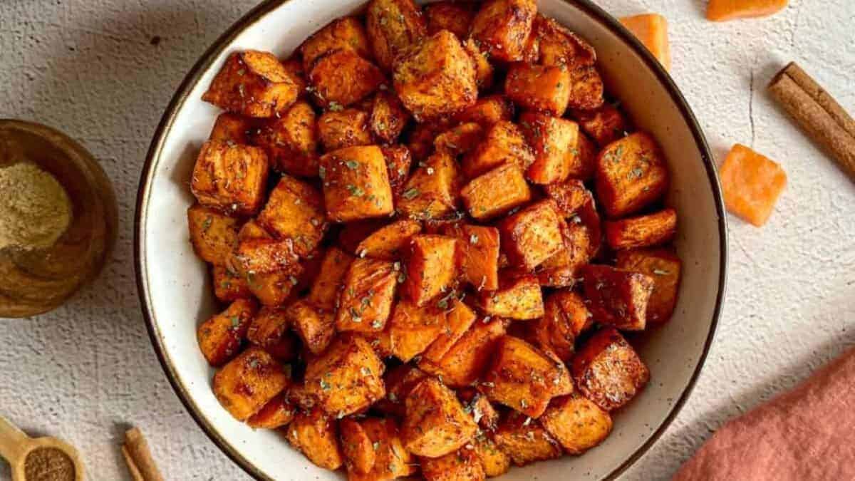 Maple Cinnamon Air Fryer Sweet Potato Cubes.